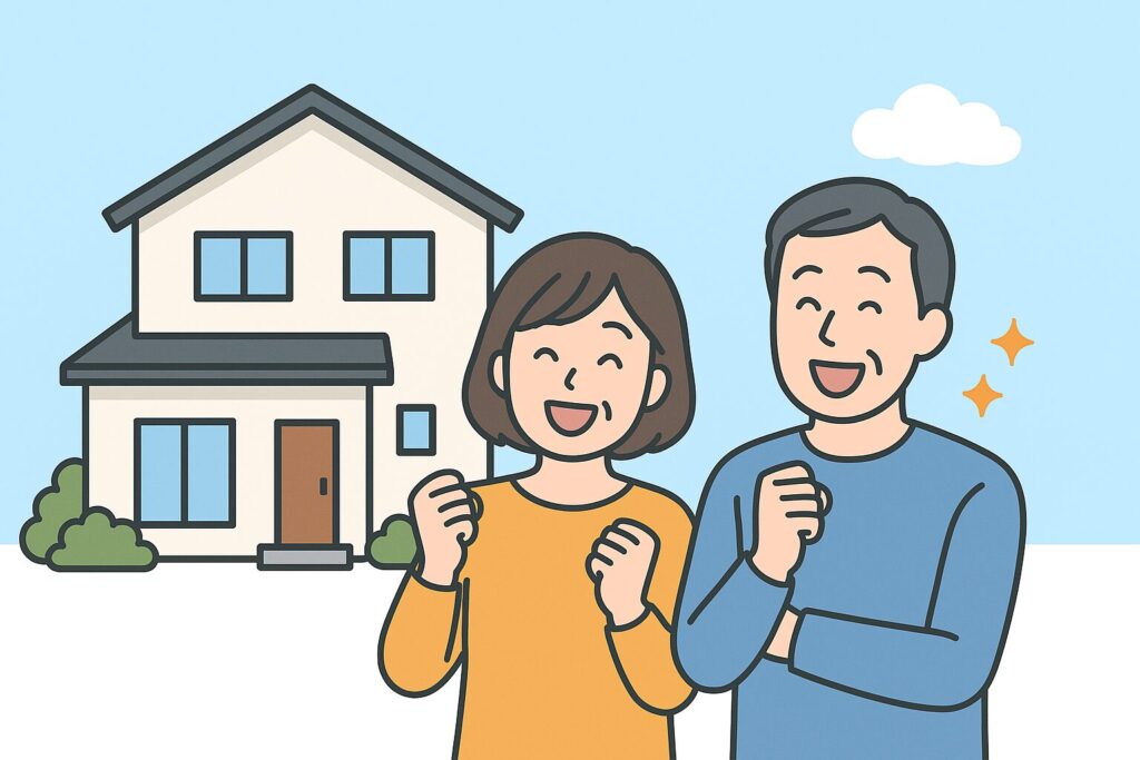 リフォームについて悩みが解決した夫婦のイラスト